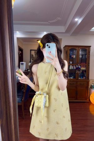 French Vintage Bow Sleeveless Halter Dress for Women, Elegant Short Skirt, Chic Summer Fashion