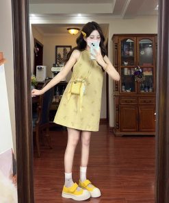 French Vintage Bow Sleeveless Halter Dress for Women, Elegant Short Skirt, Chic Summer Fashion