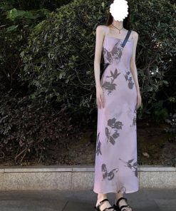 French Vintage Bow Tie Ink Print Spaghetti Strap Dress for Women - Waist-Cinching, Slim Fit, Elegant Summer Vacation Long Dress