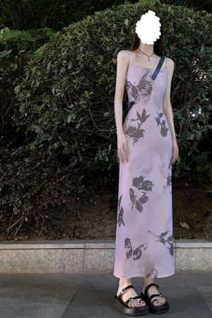 French Vintage Bow Tie Ink Print Spaghetti Strap Dress for Women - Waist-Cinching, Slim Fit, Elegant Summer Vacation Long Dress