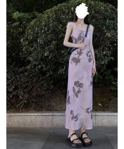 French Vintage Bow Tie Ink Print Spaghetti Strap Dress for Women - Waist-Cinching, Slim Fit, Elegant Summer Vacation Long Dress