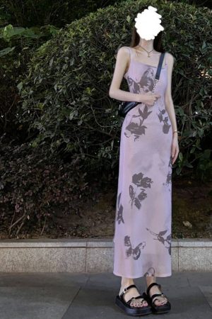 French Vintage Bow Tie Ink Print Spaghetti Strap Dress for Women - Waist-Cinching, Slim Fit, Elegant Summer Vacation Long Dress