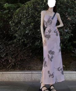 French Vintage Bow Tie Ink Print Spaghetti Strap Dress for Women - Waist-Cinching, Slim Fit, Elegant Summer Vacation Long Dress