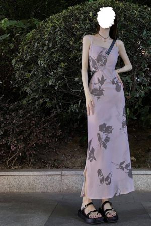 French Vintage Bow Tie Ink Print Spaghetti Strap Dress for Women - Waist-Cinching, Slim Fit, Elegant Summer Vacation Long Dress