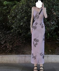 French Vintage Bow Tie Ink Print Spaghetti Strap Dress for Women - Waist-Cinching, Slim Fit, Elegant Summer Vacation Long Dress