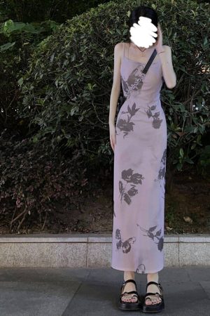 French Vintage Bow Tie Ink Print Spaghetti Strap Dress for Women - Waist-Cinching, Slim Fit, Elegant Summer Vacation Long Dress