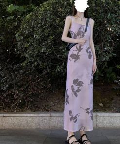 French Vintage Bow Tie Ink Print Spaghetti Strap Dress for Women - Waist-Cinching, Slim Fit, Elegant Summer Vacation Long Dress