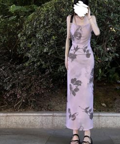 French Vintage Bow Tie Ink Print Spaghetti Strap Dress for Women - Waist-Cinching, Slim Fit, Elegant Summer Vacation Long Dress