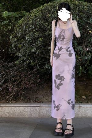French Vintage Bow Tie Ink Print Spaghetti Strap Dress for Women - Waist-Cinching, Slim Fit, Elegant Summer Vacation Long Dress