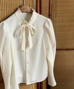 French Vintage Bow Tie Long Sleeve Shirt for Women - Unique Stylish Top for Early Spring Fashion