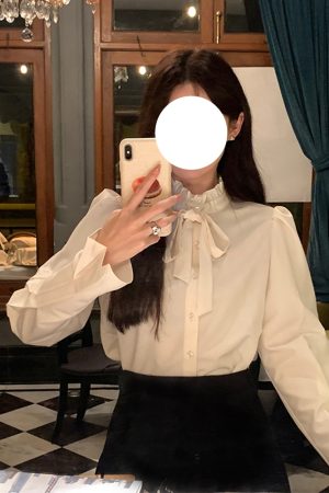 French Vintage Bow Tie Long Sleeve Shirt for Women - Unique Stylish Top for Early Spring Fashion
