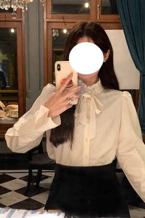 French Vintage Bow Tie Long Sleeve Shirt for Women - Unique Stylish Top for Early Spring Fashion