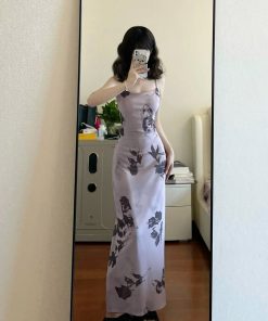 French Vintage Butterfly Print Ink Wash Camisole Dress for Women, Slim Fit Elegant Bodycon Long Dress in Pure Desire Style
