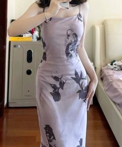 French Vintage Butterfly Print Ink Wash Camisole Dress for Women, Slim Fit Elegant Bodycon Long Dress in Pure Desire Style