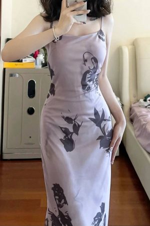 French Vintage Butterfly Print Ink Wash Camisole Dress for Women, Slim Fit Elegant Bodycon Long Dress in Pure Desire Style