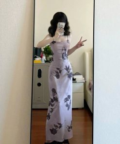 French Vintage Butterfly Print Ink Wash Camisole Dress for Women, Slim Fit Elegant Bodycon Long Dress in Pure Desire Style