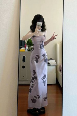 French Vintage Butterfly Print Ink Wash Camisole Dress for Women, Slim Fit Elegant Bodycon Long Dress in Pure Desire Style