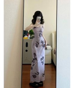 French Vintage Butterfly Print Ink Wash Camisole Dress for Women, Slim Fit Elegant Bodycon Long Dress in Pure Desire Style