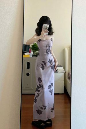French Vintage Butterfly Print Ink Wash Camisole Dress for Women, Slim Fit Elegant Bodycon Long Dress in Pure Desire Style