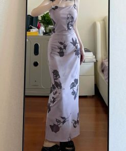 French Vintage Butterfly Print Ink Wash Camisole Dress for Women, Slim Fit Elegant Bodycon Long Dress in Pure Desire Style