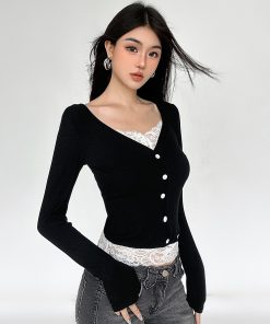 French Vintage Faux Two-Piece Lace V-Neck Long Sleeve T-Shirt - Slim Fit Base Layer Top for Spring Autumn Fashion