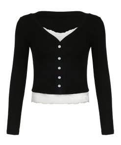 French Vintage Faux Two-Piece Lace V-Neck Long Sleeve T-Shirt - Slim Fit Base Layer Top for Spring Autumn Fashion