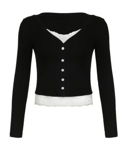 French Vintage Faux Two-Piece Lace V-Neck Long Sleeve T-Shirt - Slim Fit Base Layer Top for Spring Autumn Fashion