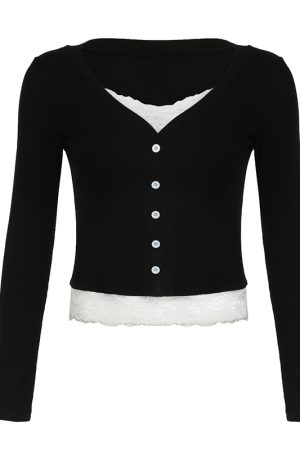 French Vintage Faux Two-Piece Lace V-Neck Long Sleeve T-Shirt - Slim Fit Base Layer Top for Spring Autumn Fashion