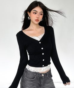 French Vintage Faux Two-Piece Lace V-Neck Long Sleeve T-Shirt - Slim Fit Base Layer Top for Spring Autumn Fashion