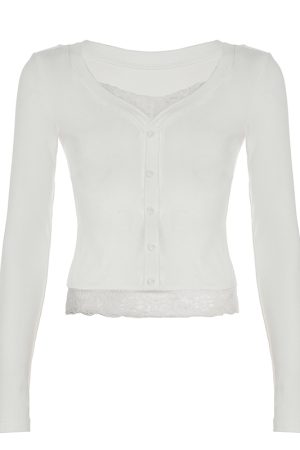 French Vintage Faux Two-Piece Lace V-Neck Long Sleeve T-Shirt - Slim Fit Base Layer Top for Spring Autumn Fashion