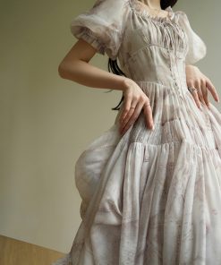 French Vintage Floral Long Dress with Unique Waist-Defining Slimming Cut - Distant Mountains Inspired Style