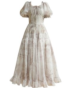 French Vintage Floral Long Dress with Unique Waist-Defining Slimming Cut - Distant Mountains Inspired Style