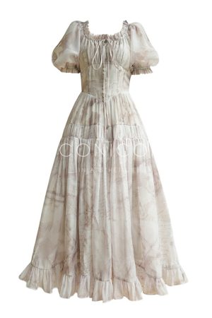 French Vintage Floral Long Dress with Unique Waist-Defining Slimming Cut - Distant Mountains Inspired Style