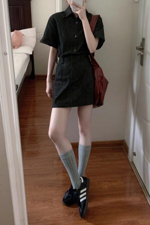 French Vintage High-End Loose Denim Short-Sleeve Shirt and Skirt Two-Piece Set for Women - Summer 90s Style