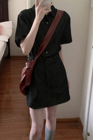 French Vintage High-End Loose Denim Short-Sleeve Shirt and Skirt Two-Piece Set for Women - Summer 90s Style