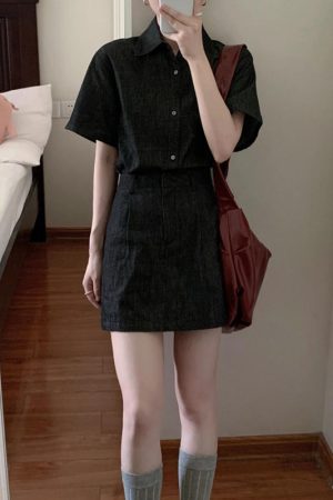 French Vintage High-End Loose Denim Short-Sleeve Shirt and Skirt Two-Piece Set for Women - Summer 90s Style