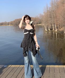 French Vintage Irregular Floral Camisole Top for Women - Loose-Fitting Spring Style, Short Length, Boho Chic Fashion