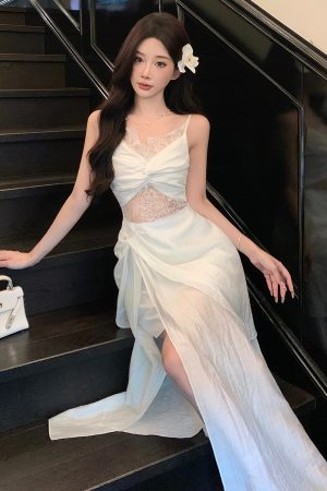 French Vintage Lace Camisole Dress - Hollow Summer Evening Gown for Seaside Vacations & Beach Getaways