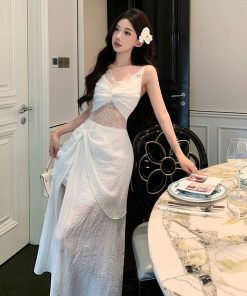 French Vintage Lace Camisole Dress - Hollow Summer Evening Gown for Seaside Vacations & Beach Getaways