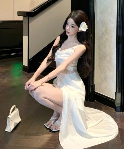 French Vintage Lace Camisole Dress - Hollow Summer Evening Gown for Seaside Vacations & Beach Getaways