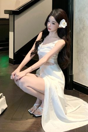 French Vintage Lace Camisole Dress - Hollow Summer Evening Gown for Seaside Vacations & Beach Getaways
