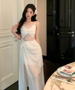 French Vintage Lace Camisole Dress - Hollow Summer Evening Gown for Seaside Vacations & Beach Getaways