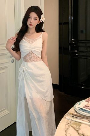 French Vintage Lace Camisole Dress - Hollow Summer Evening Gown for Seaside Vacations & Beach Getaways