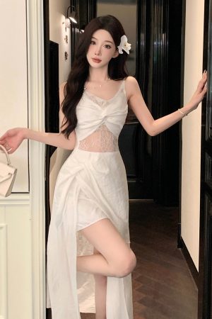 French Vintage Lace Camisole Dress - Hollow Summer Evening Gown for Seaside Vacations & Beach Getaways