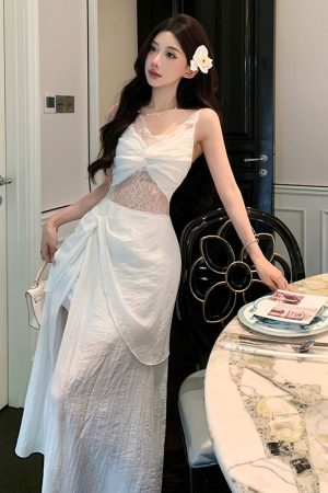 French Vintage Lace Camisole Dress - Hollow Summer Evening Gown for Seaside Vacations & Beach Getaways