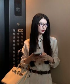 French Vintage Long Sleeve Dress for Women - Autumn Coffee Denim, Elegant Waist-Defined Workwear, Chic Lazy Style Long Skirt