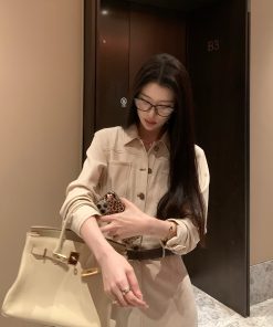 French Vintage Long Sleeve Dress for Women - Autumn Coffee Denim, Elegant Waist-Defined Workwear, Chic Lazy Style Long Skirt