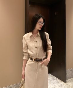 French Vintage Long Sleeve Dress for Women - Autumn Coffee Denim, Elegant Waist-Defined Workwear, Chic Lazy Style Long Skirt