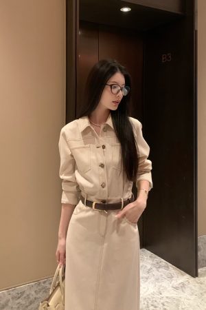 French Vintage Long Sleeve Dress for Women - Autumn Coffee Denim, Elegant Waist-Defined Workwear, Chic Lazy Style Long Skirt