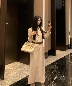 French Vintage Long Sleeve Dress for Women - Autumn Coffee Denim, Elegant Waist-Defined Workwear, Chic Lazy Style Long Skirt